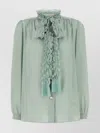 Valentino Crepe Shirt With High Neck And Ruffled Neckline In Blue