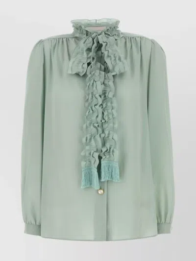 Valentino Crepe Shirt With High Neck And Ruffled Neckline In Blue