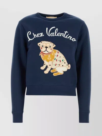 Valentino Crew Neck Embroidered Graphic Print Sweatshirt In Blue