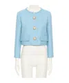 Valentino Womens Bluish Grey Embellished-button Round-neck Woven Jacket In Blue