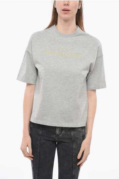 Valentino Crew Neck Maison De Couture T-shirt With Lurex Embroidery In Grey