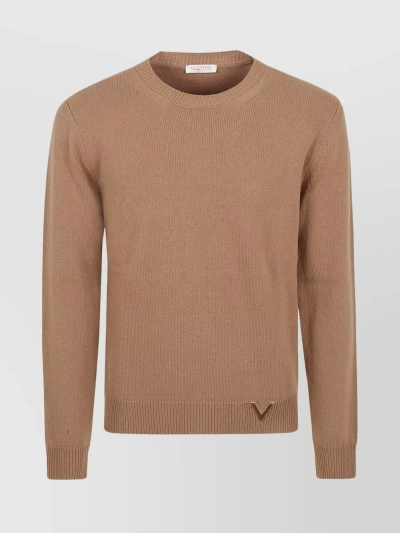 Valentino Crew Neck Ribbed Hem Sweater With Hidden V Detail In Camel