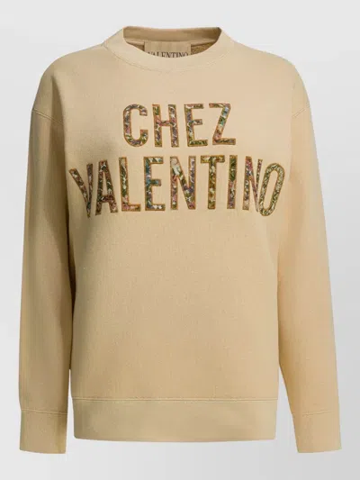 Valentino Crew Neck Sweatshirt Long Sleeve Ribbed Trims In Neutral