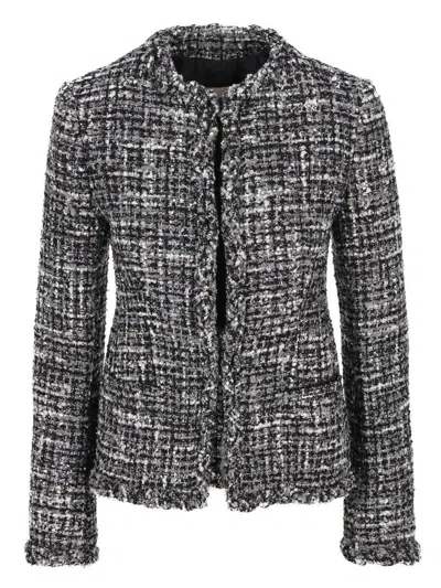 Valentino Braided Collar Tweed Fitted Jacket In Black/medium Gray/white