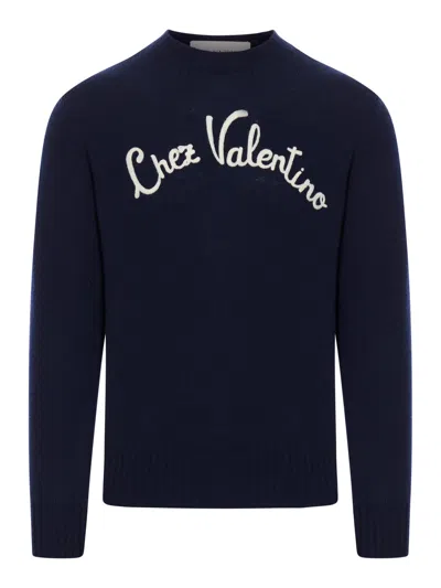 VALENTINO CREWNECK WOOL SWEATER WITH CHEZ VALENTINO EMBROIDERY