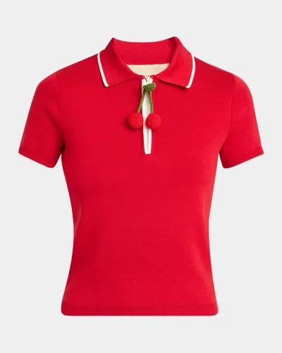 VALENTINO CROCHET CHERRY SHORT-SLEEVE COTTON POLO SHIRT
