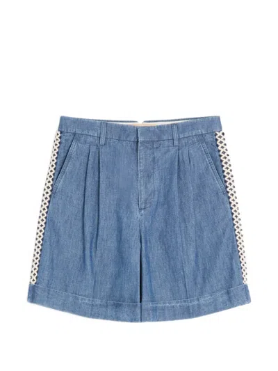 Valentino Crochet-detail Denim Shorts In Blue