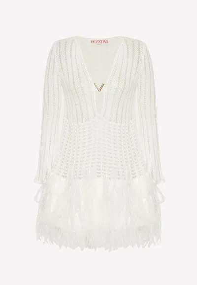 Valentino Crochet Knit Feathered Mini Dress In White
