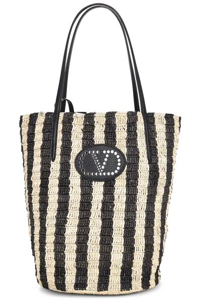 Valentino Garavani Vlogo Signature Small Leather-trimmed Striped Raffia Bucket Bag In Multi
