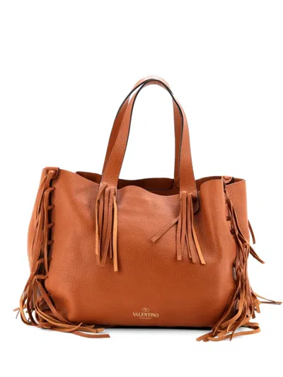 Pre-owned Valentino Garavani C-rockee Fringe Leather Medium Tote Bag In Brown