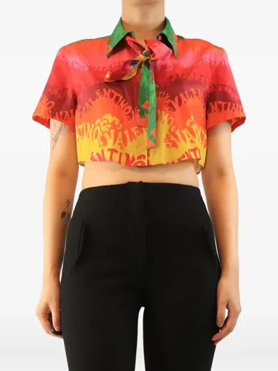 Pre-owned Valentino Cropped Tie-neck Shirt In Red