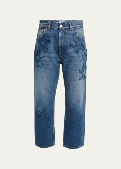 Valentino Cropped Wide-leg Jeans With Flower Detail In Blue Multi