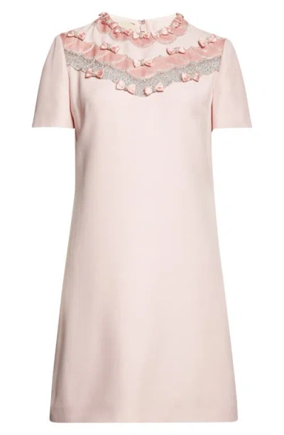 Valentino Mini Dress Short Sleeves Embellished Neckline Bows In Pink