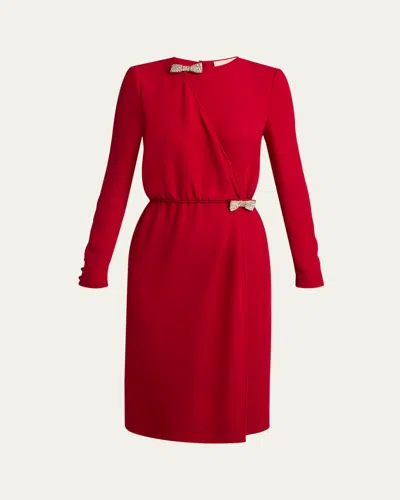 Valentino Crystal Bow Long-sleeve Wrap Dress In Red