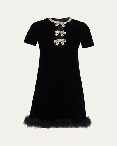 Valentino Crystal Bow Velvet Mini Dress With Feather Trim In Black