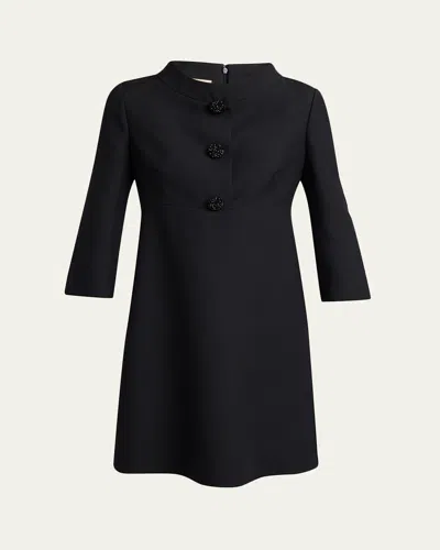 Valentino Crystal-button 3/4-sleeve Crepe Mini Dress In Black