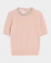 Valentino Beige Vertical Striped Slim Fit Short Sleeve Sweater In Nude