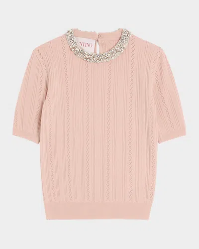 VALENTINO CRYSTAL COLLAR POINTELLE KNIT SHORT-SLEEVE SWEATER