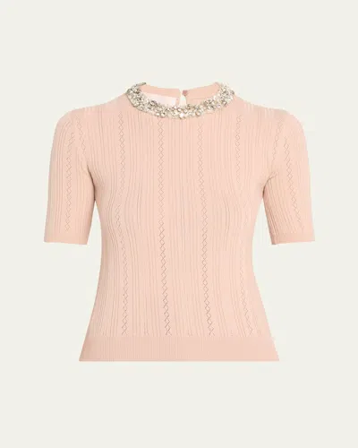 VALENTINO CRYSTAL COLLAR POINTELLE KNIT SHORT-SLEEVE SWEATER