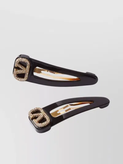 Valentino Garavani Two-tone Rubber And Metal Vlogo Hair Clips In Black