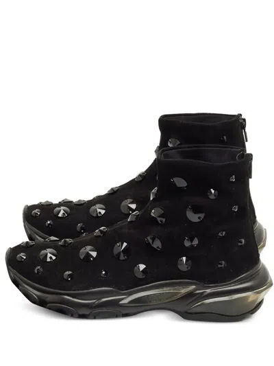Pre-owned Valentino Garavani Crystal-embellished High-top Sneakers In Black