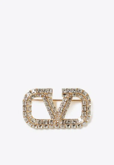Valentino Crystal-embellished Vlogo Brooch In Gold