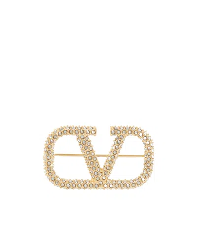 Valentino Garavani Crystal-embellished Vlogo Brooch In Yellow