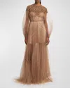 Valentino Crystal Embroidered Lace Long-sleeve Pleated Tulle Gown In Light Hazelnut