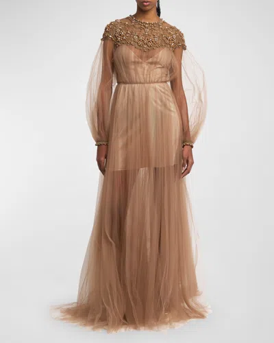 Valentino Crystal Embroidered Lace Long-sleeve Pleated Tulle Gown In Light Hazelnut
