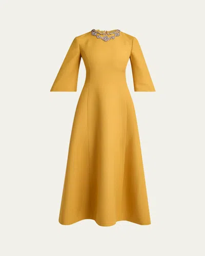 Valentino Crystal Embroidered Silk-wool 3/4-sleeve Midi Dress In Yellow