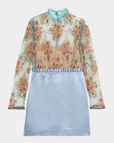 Valentino Crystal Embroidered Tulle And Satin Mini Dress In Blue