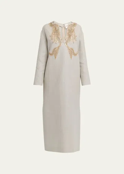 Valentino Crystal Embroidered Tunic Midi Dress In Beige Gravel