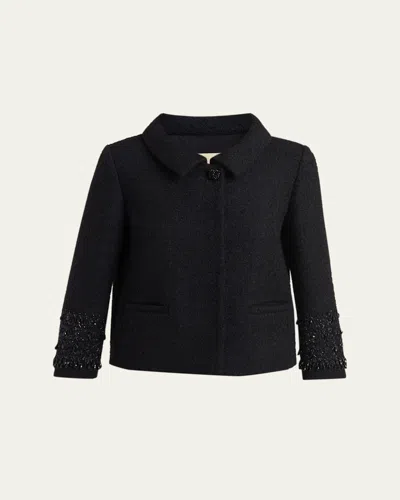 Valentino Crystal Embroidered Tweed Single-breasted Top Coat In Black