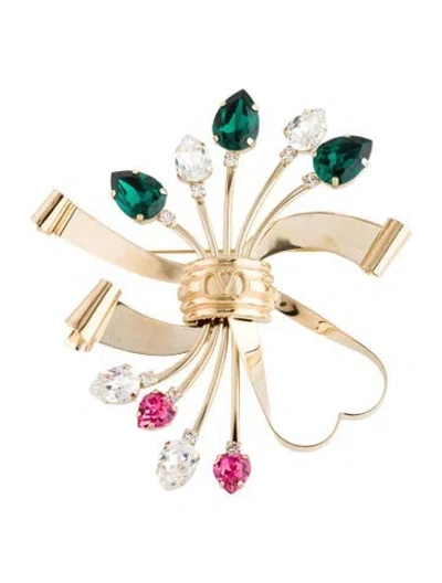 Pre-owned Valentino Garavani Crystal Floral Brooch In Clear/green/pink
