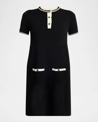 Valentino Crystal Henley Short-sleeve Mini Sweater Dress In Black