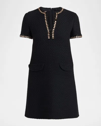 Valentino Crystal Jacquard Short-sleeve Mini Dress In Black