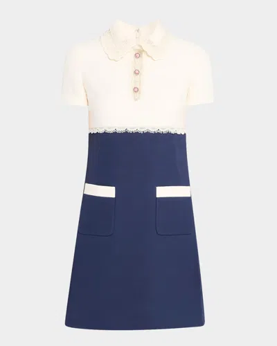 Valentino Crystal Lace Short-sleeve Crepe Mini Polo Dress In Ivory Multi