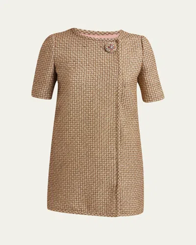Valentino Crystal Metallic Tweed Short-sleeve Mini Dress In Gold