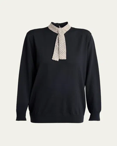 Valentino Crystal Neck-scarf Wool Sweater In Black