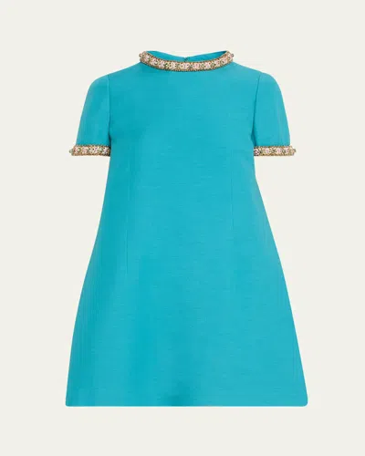 Valentino Crystal Short-sleeve Mini Shift Dress In Lt Blue Multi