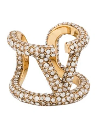 Pre-owned Valentino Garavani Crystal V Logo Band Ring In Multicolor