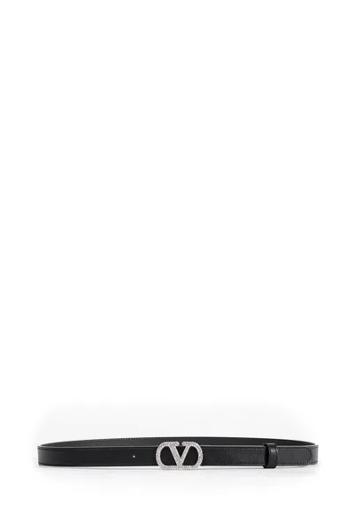 Valentino Garavani Crystal V Logo Leather Belt In Black