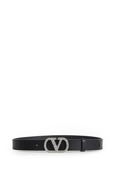 Valentino Garavani Vlogo Signature Leather Belt With Rhinestones In Black