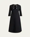 Valentino Crystal Velvet Bow 3/4-sleeve Midi Dress In Black