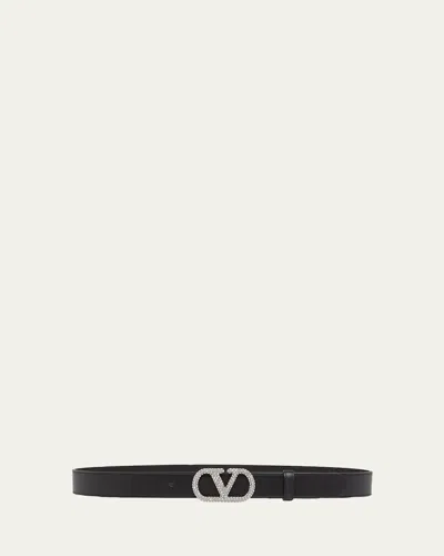 Valentino Garavani Crystal Vlogo Leather Belt, 30mm In Black