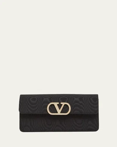 Valentino Garavani Crystal Vlogo Moire Clutch Bag In Black
