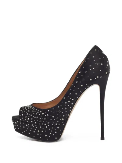 Pre-owned Valentino Garavani Crystal-embellished Peep-toe Pumps In Black