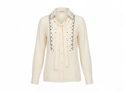 Valentino Crystal-embellished Pussy Bow Blouse In Nude
