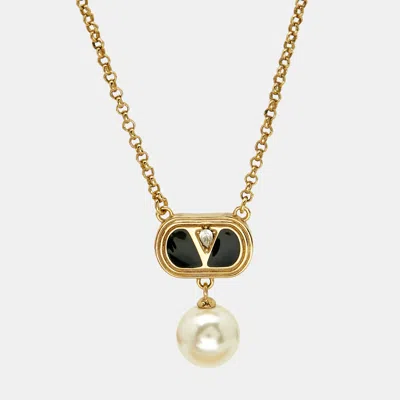 Pre-owned Valentino Garavani Crystals Enamel Faux Pearl Gold Tone Necklace