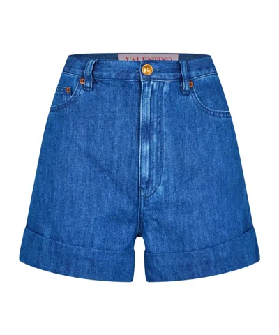 Valentino Cuffed Denim Shorts In Blue